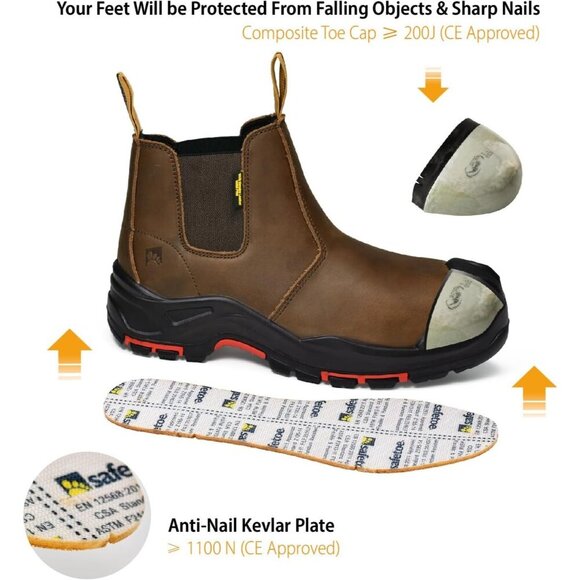 🆕 Men's Chelsea Work Boots Composite Toe Waterproof Leather Slip-On Safety - Picture 4 of 6